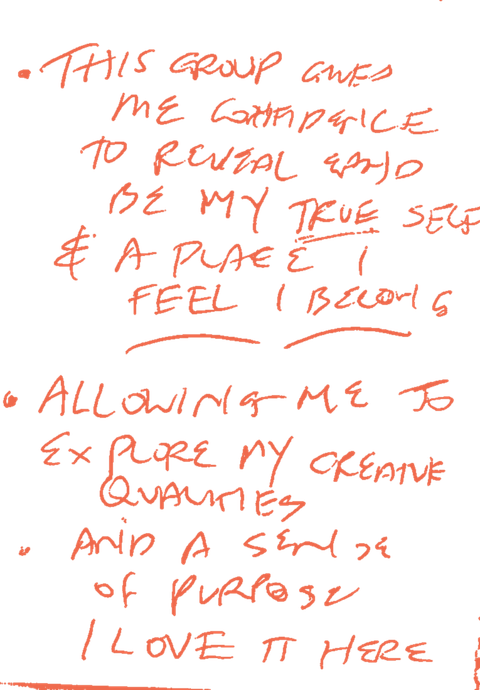 Handwritten note: “This group gives me the confidence to be my true self, and a place I belong. It lets me express my creative qualities and gives me a sense of purpose. I love it here.”